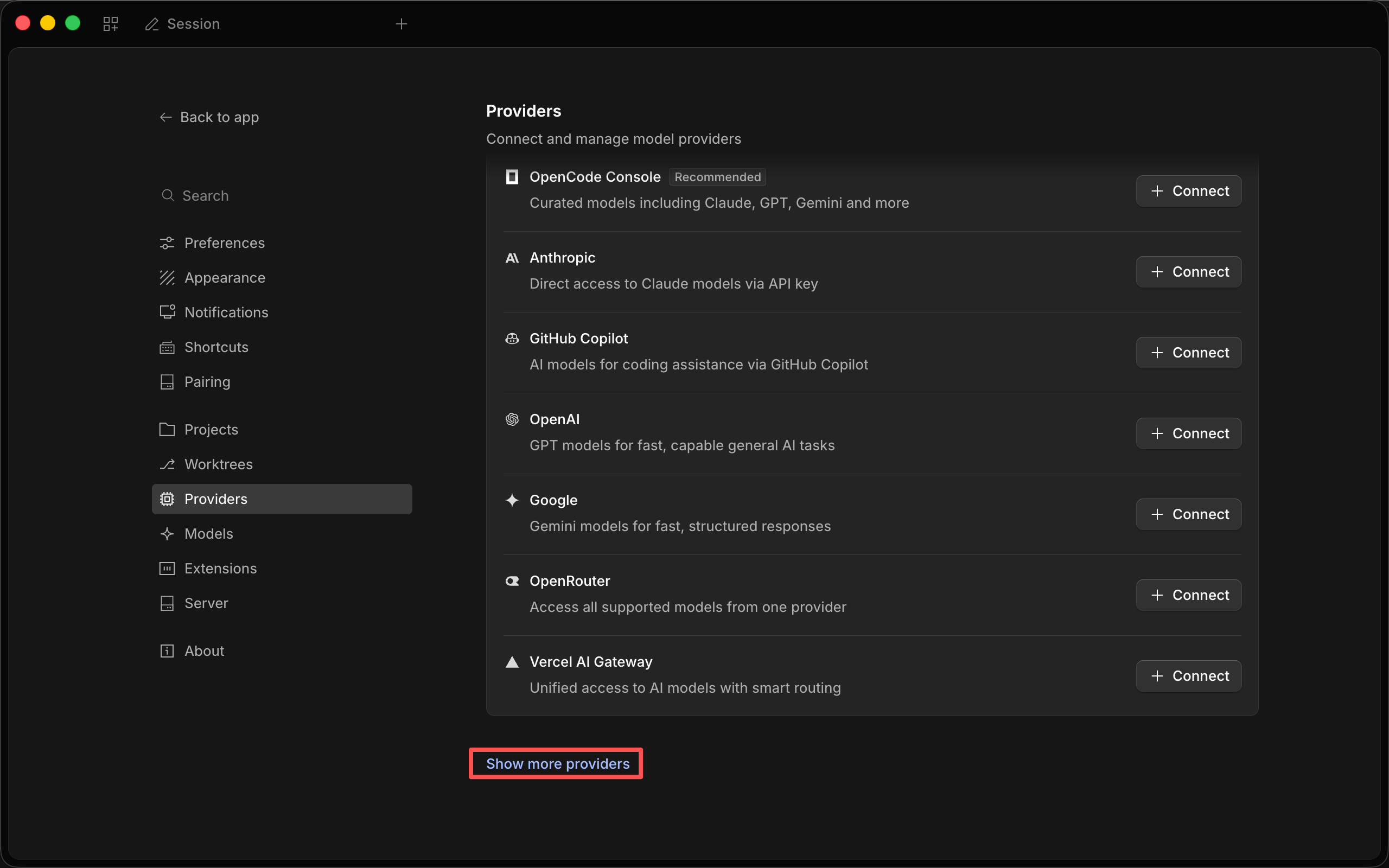 OpenCode Providers settings page with the "Show more providers" link highlighted