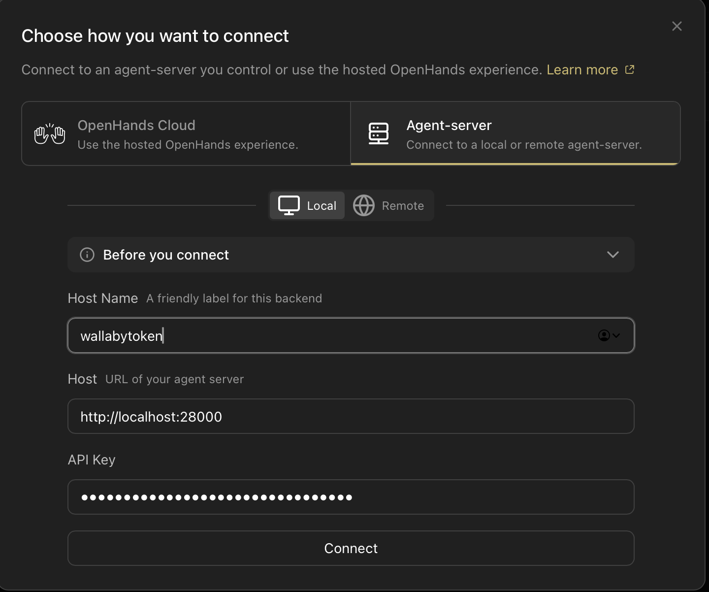 Adding the remote agent-server as a backend in Agent Canvas — a label, the server URL, and the session key