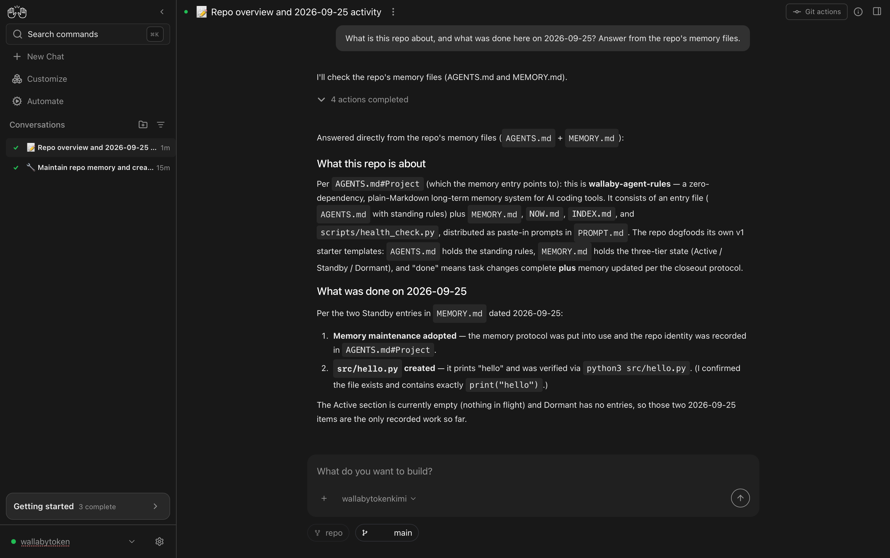 Session two: a fresh conversation answers from the repo's memory files, zero repo changes