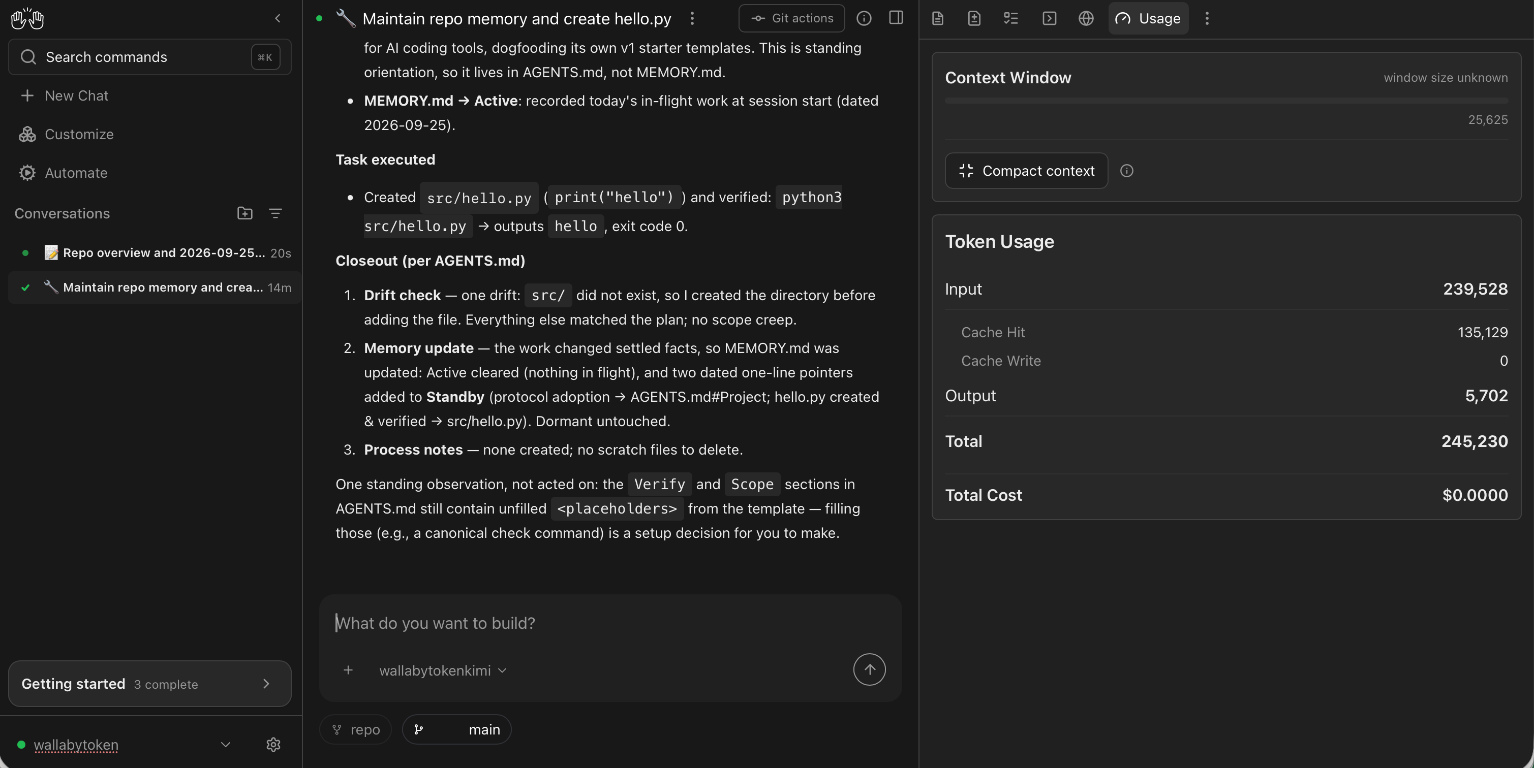 Session one's Usage panel in Agent Canvas: 239,528 input tokens with 135,129 cache reads — and $0.0000, because LiteLLM has no price mapping for a custom model