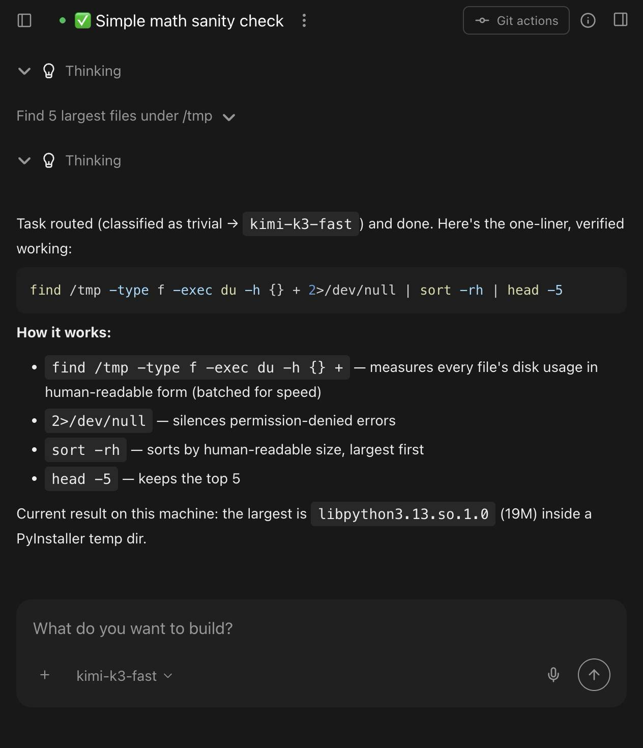 The routed conversation: "Task routed (classified as trivial → kimi-k3-fast) and done", with the finished task below