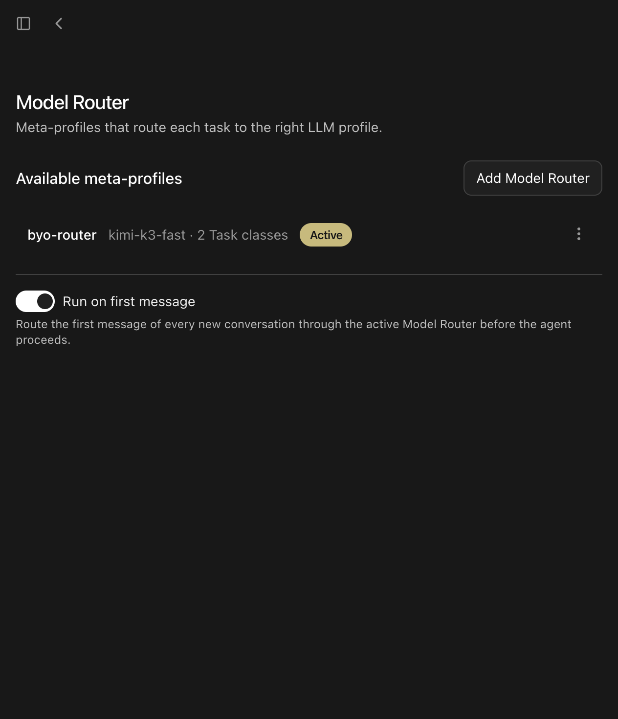 OpenHands Model Router settings after a reload: the preference is stored as true on disk, yet the "Run on first message" toggle still renders off