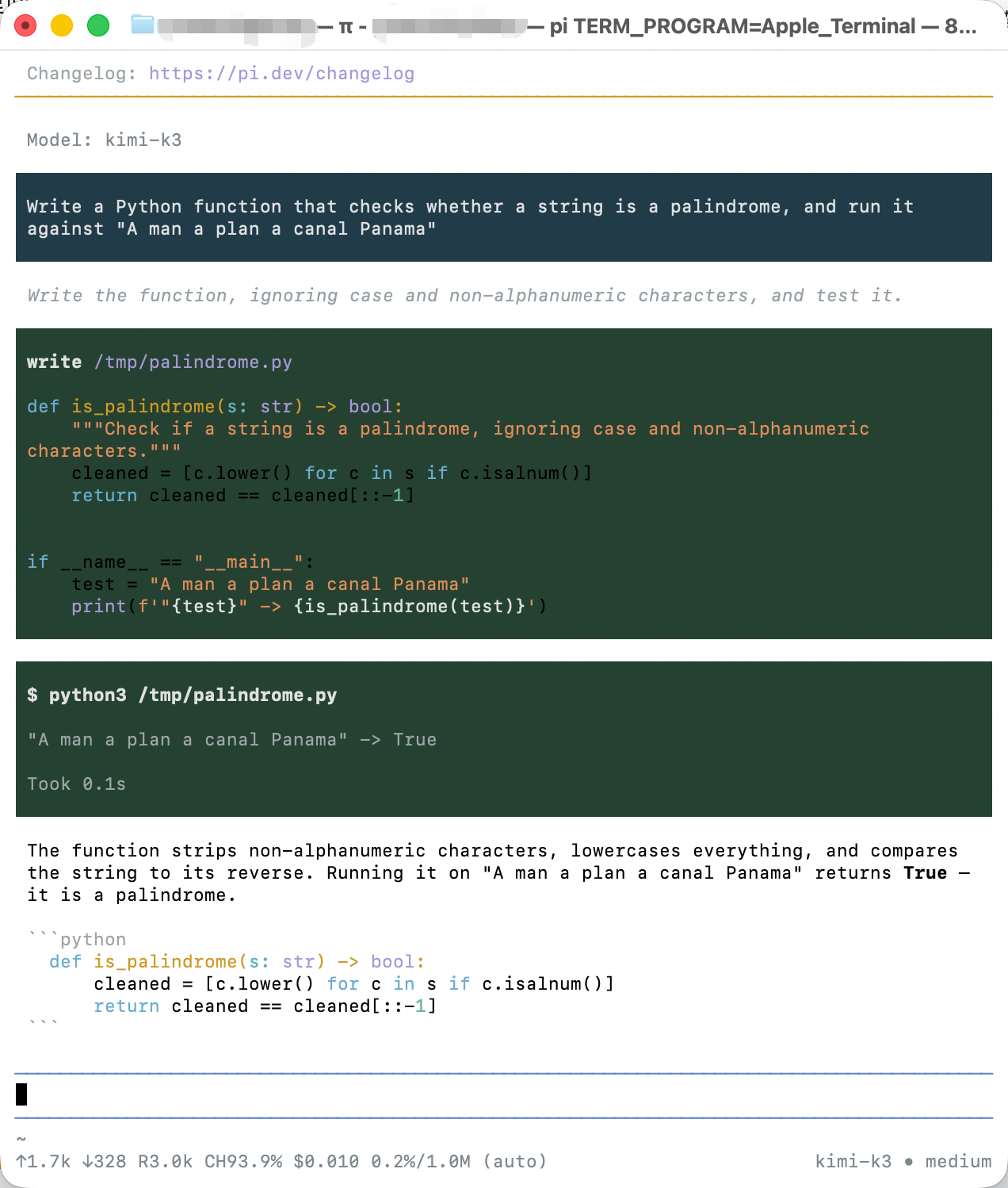 pi 1.0.4 completing the palindrome task, status bar showing $0.010 at a 93.9% cache-hit rate